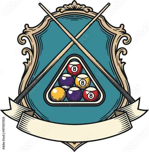 Vintage billiard emblem with crossed pool cues and a rack of pool balls on a decorative shield.