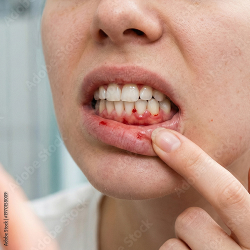 Close-up of a young woman's mouth and lips as she examines red bleeding gums, dental health concept focusing on gingivitis, periodontitis, and oral hygiene issues