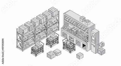 Isometric Warehouse Logistics and Inventory Management Illustration with Shelving Units and Cardboard Boxes