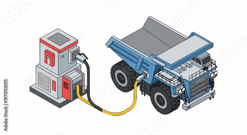 Isometric Electric Mining Dump Truck Charging at Industrial Power Station, Vector Illustration of Green Energy Heavy Machinery