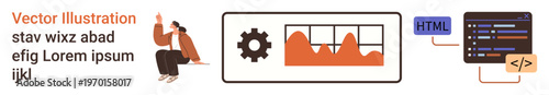 Data visualization, coding, digital tools, technology, web design, software. Displays a person, graph gear HTML and code snippet icons. Data visualization and coding theme