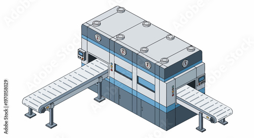 Isometric Industrial Conveyor Belt Machine Illustration for Food Processing and Manufacturing Production Line Isolated on White Background