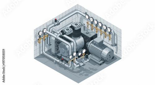 Industrial Air Compressor System in Isometric View with Electric Motor, Piping, and Pressure Gauges