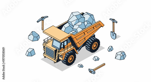 Isometric Yellow Mining Dump Truck Filled with Mineral Ore, Heavy Machinery with Industrial Mining Tools and Rocks Isolated on White Background