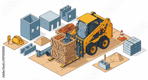 Isometric Skid Steer Loader with Pallet Forks at Construction Site Vector Illustration
