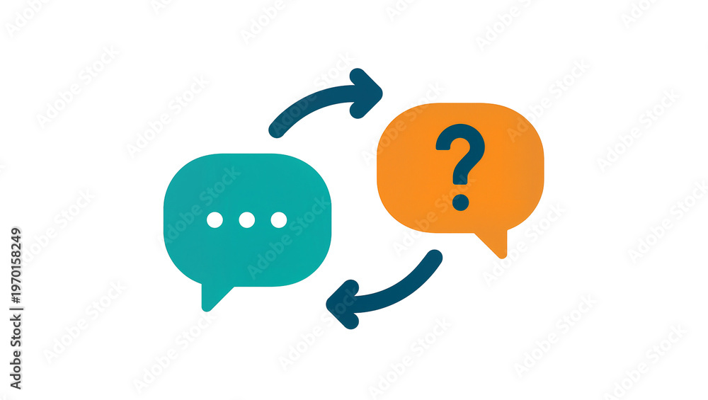Fototapeta premium Turquoise speech bubble with dots orange question mark bubble, curved arrows connecting them