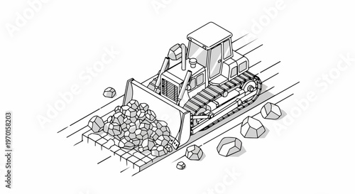 Isometric Bulldozer Heavy Machinery Illustration Pushing Rocks on Construction Site, Minimalist Line Art Vector Design