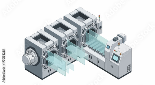 Isometric Industrial Machine Production Line for Glass Panel and Semiconductor Manufacturing, Automated Laboratory Equipment for High-Tech Processing