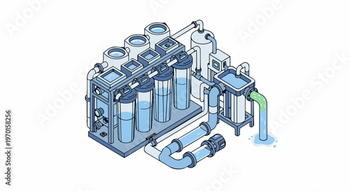 Isometric Industrial Water Filtration and Purification System Illustration with Pipes, Tanks, and Filters for Clean Water Processing and Wastewater Treatment
