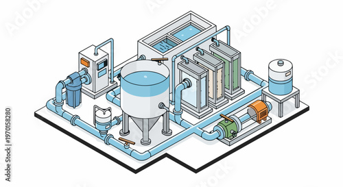 Isometric Water Treatment Plant and Industrial Purification System Vector Illustration with Pipes, Tanks, and Filtration Units for Wastewater Management and Utility Engineering