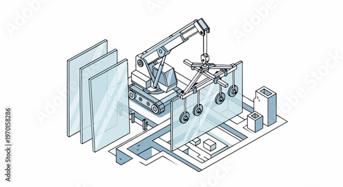 Isometric Construction Site Illustration of a Crawler Crane Installing Large Glass Panes with a Vacuum Suction Lifter