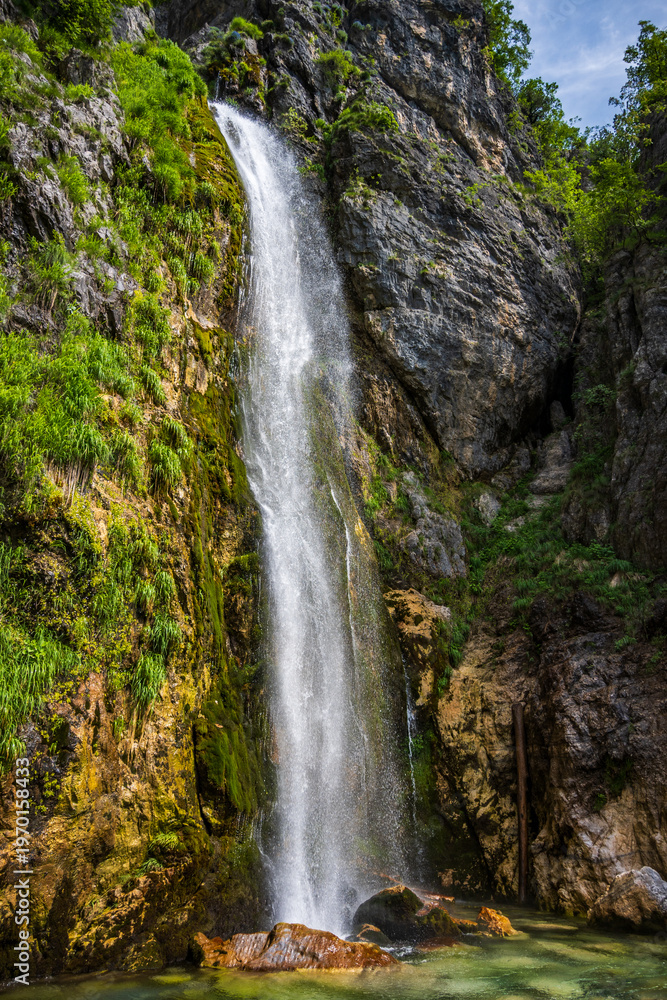 Obraz premium A majestic Grunas Waterfall dramatically cascades vertically over a high, textured rock cliff adorned with lush green moss and foliage in Theth, Albania.