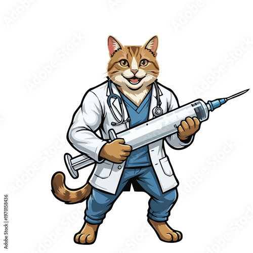 a cat carrying an injection and dressed as a doctor