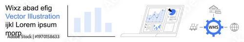 Data analytics, business strategies, warehouse management, logistics operations, data visualization, inventory tracking. Bar chart, dashboard on laptop screen WMS gear graphic. Data analytics