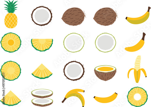 Tropical fruit icons pineapple coconut banana slices