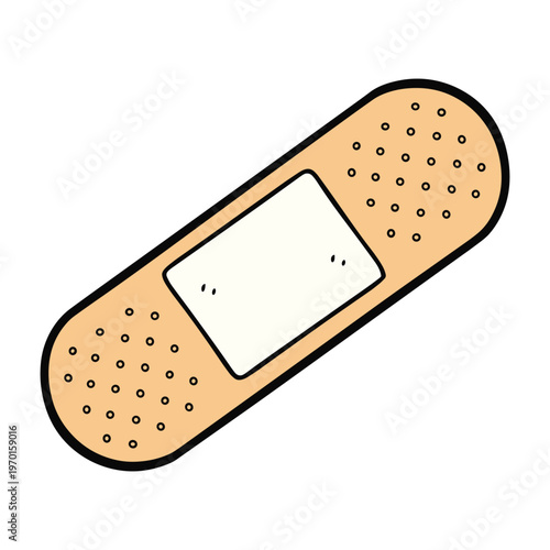 A simple cartoon illustration of a tan adhesive bandage with a white central gauze pad.