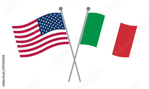 Obraz na plátně Crossed national flags of United States and Italy on flagpoles representing dipl