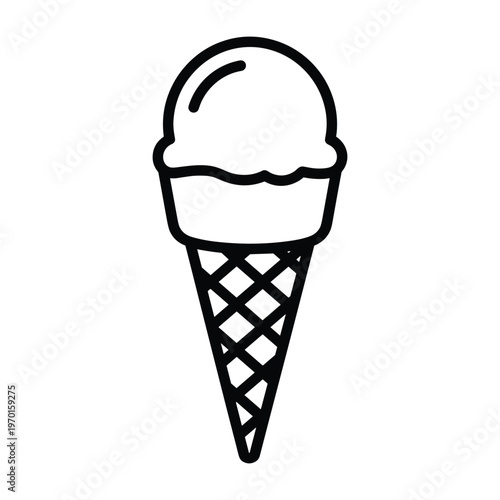 Simple black and white line art illustration of a single scoop ice cream in a waffle cone.