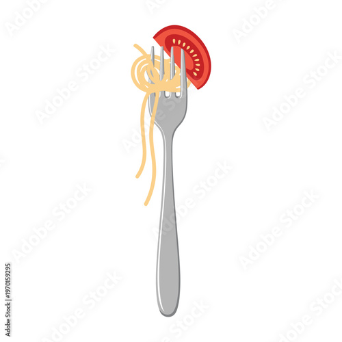 A silver fork holding a portion of spaghetti noodles and a fresh red tomato slice on a white background.