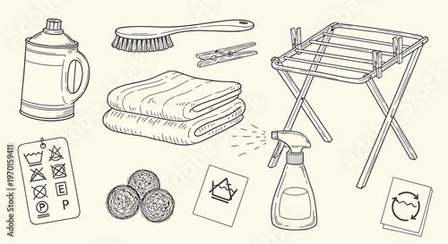 Vintage sketch of cleaning supplies isolated on transparent background including sprays brushes and laundry items