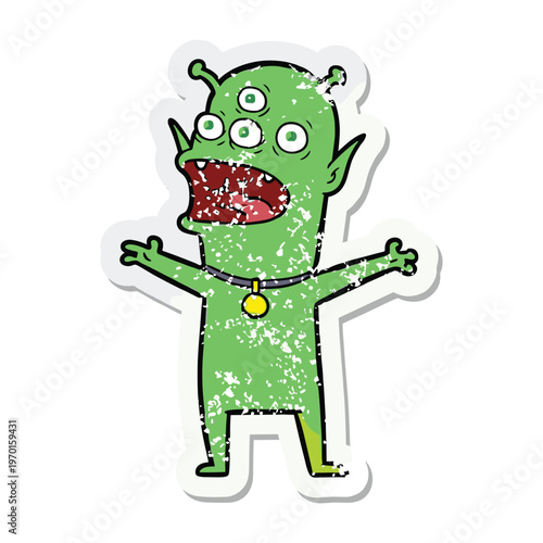 Distressed retro sticker of a shouting green cartoon alien with four eyes and a collar