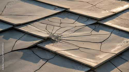 Cracked slate roof tiles showing geometric patterns and damage