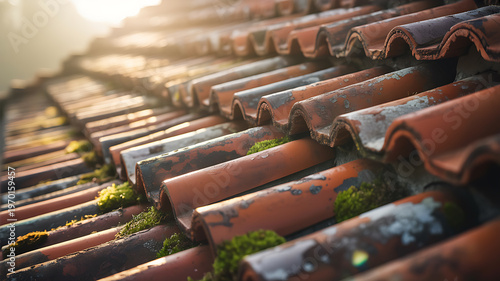 Weathered ceramic roof tiles with moss growth