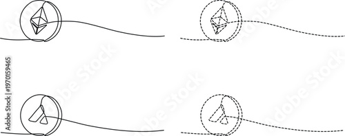 Illustrations of geometric shapes intersecting with curved and dashed lines. Vector