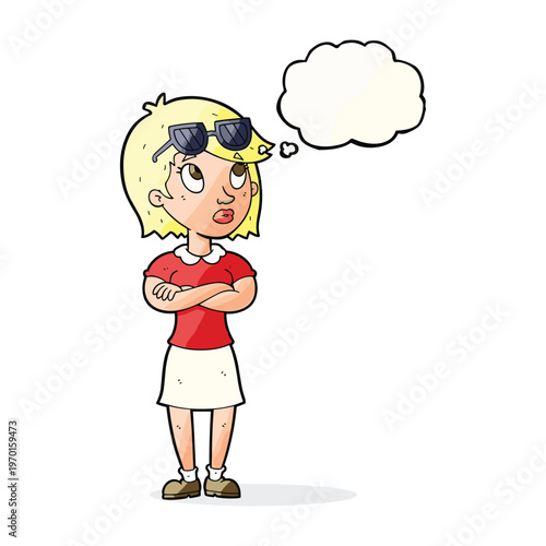 A blonde woman with sunglasses on her head thinking with arms crossed in cartoon style.
