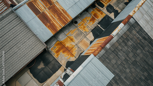 Overlapping patchwork of rusted corrugated metal sheets
