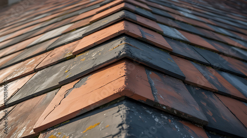 Close-up view of a textured roof with clay tiles