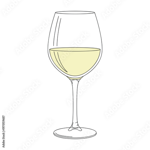 A single wine glass filled with a light yellow or white wine on a white background.