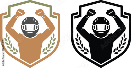 Professional Racing Champion and Victory Emblem, Biker Achievement and Podium Success Symbols, Minimalist Motorsport Winner Shield Illustration.