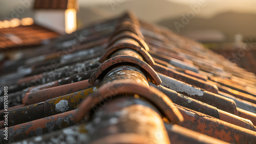 Close-up of weathered terracotta roof tiles with moss