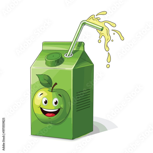 Green apple juice carton box with a happy cartoon face and a straw splashing fresh juice.