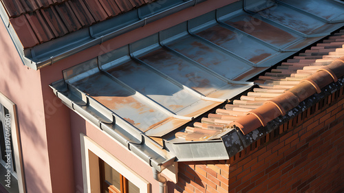 Metal gutters and downspout on an old house with terracotta roof tiles