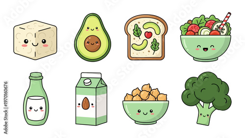 Kawaii vegan food vector illustration set with cute avocado tofu broccoli and plant-based milk icons for healthy diet
