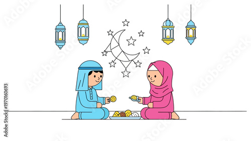 Muslim children sharing cookies during Ramadan celebration vector illustration with lanterns and crescent moon