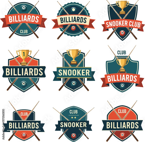 Set of vintage billiards and snooker club logos featuring cues and trophy cups.