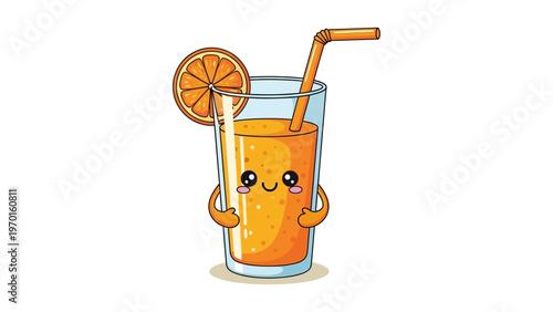 Cute kawaii orange juice character vector illustration with a smiling face straw and orange slice garnish