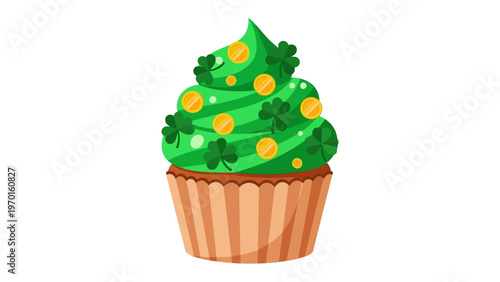 St. Patrick's Day cupcake vector illustration with green frosting, gold coins, and shamrocks for Irish holiday celebration