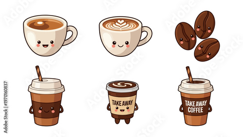 Kawaii coffee character set featuring smiling cups, beans, and takeaway containers vector illustration
