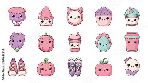 Kawaii Vector Illustration Set of Pastel Food and Lifestyle Icons for Stickers and Graphic Design