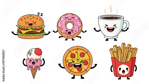 Kawaii Fast Food Character Set Featuring Cute Burger Donut Coffee Ice Cream Pizza and French Fries Vector Illustration