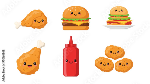 Kawaii Fast Food Vector Illustration Set Featuring Cute Hamburger Fried Chicken Nuggets and Ketchup Characters for Kids Menu Design