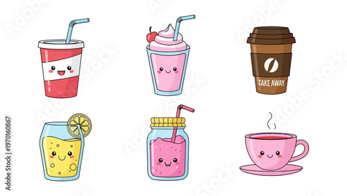 Kawaii Drink Vector Illustration Set Featuring Cute Milkshake Soda Coffee and Lemonade Characters