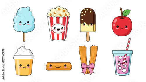 Kawaii food and snack sticker set featuring cute popcorn cotton candy ice cream and churros vector illustration