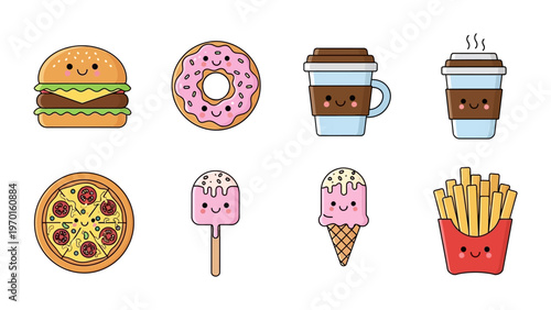 Kawaii fast food vector illustration set featuring cute smiling burger, pizza, donut, coffee, and ice cream characters