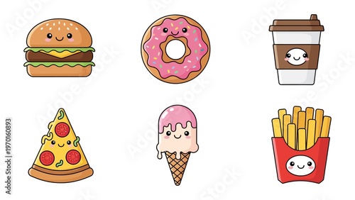 Kawaii fast food vector illustration set featuring cute burger donut coffee pizza ice cream and french fries icons