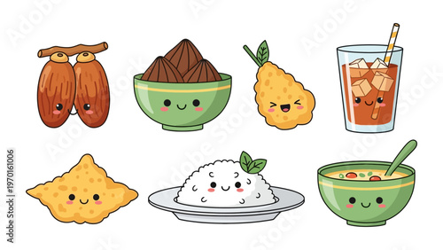 Kawaii Ramadan food and drink vector illustration set with cute dates samosa rice and soup characters
